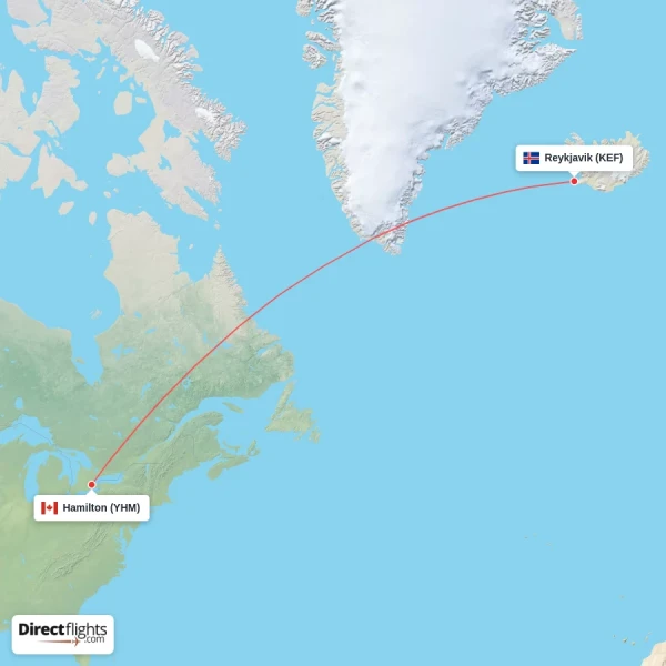 Reykjavik - Hamilton direct flight map