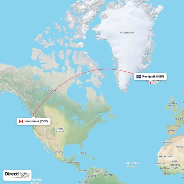 Reykjavik - Vancouver direct flight map
