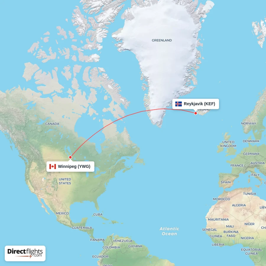 KEF - YWG route map