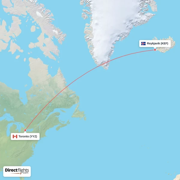 Reykjavik - Toronto direct flight map