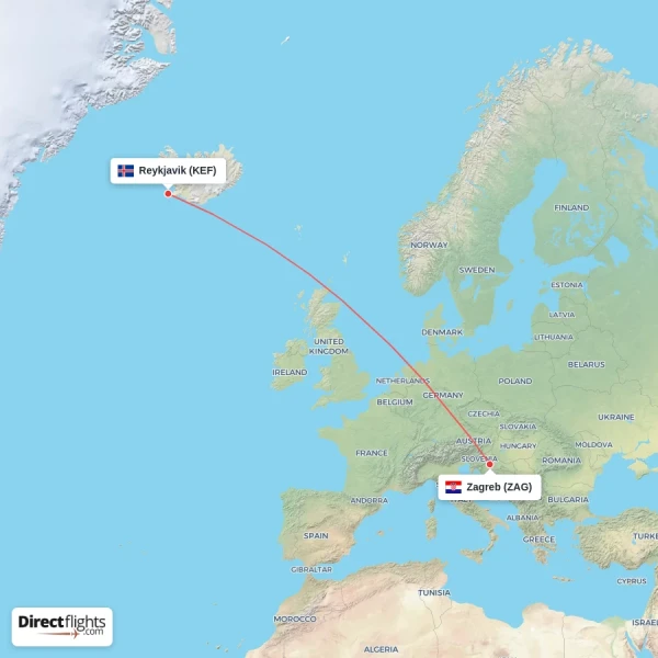 Reykjavik - Zagreb direct flight map