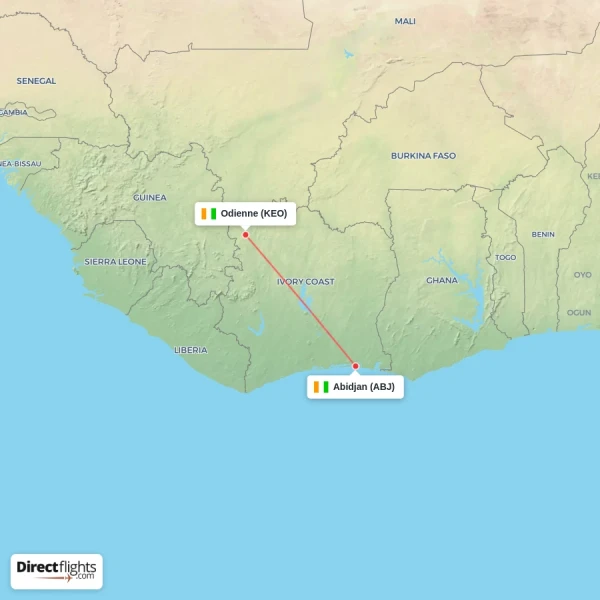 Odienne - Abidjan direct flight map