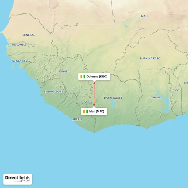 Odienne - Man direct flight map