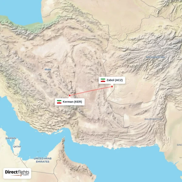 Kerman - Zabol direct flight map