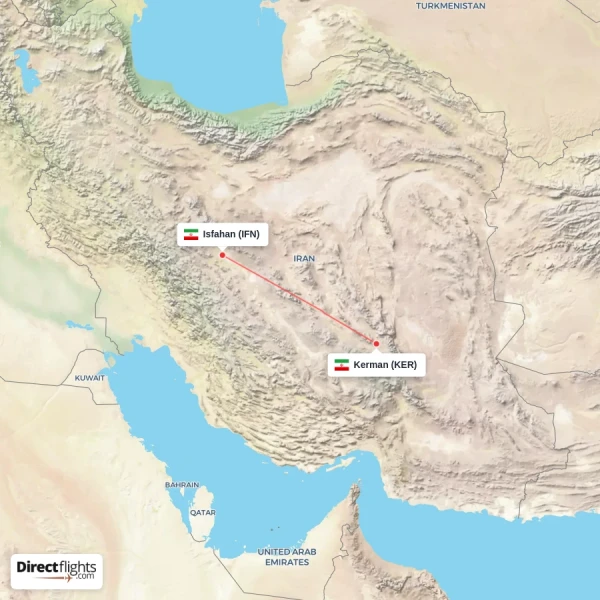 Kerman - Isfahan direct flight map