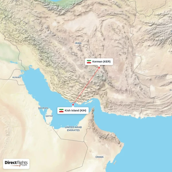 Kerman - Kish Island direct flight map