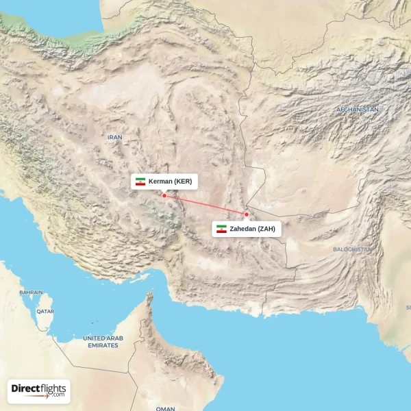 Kerman - Zahedan direct flight map