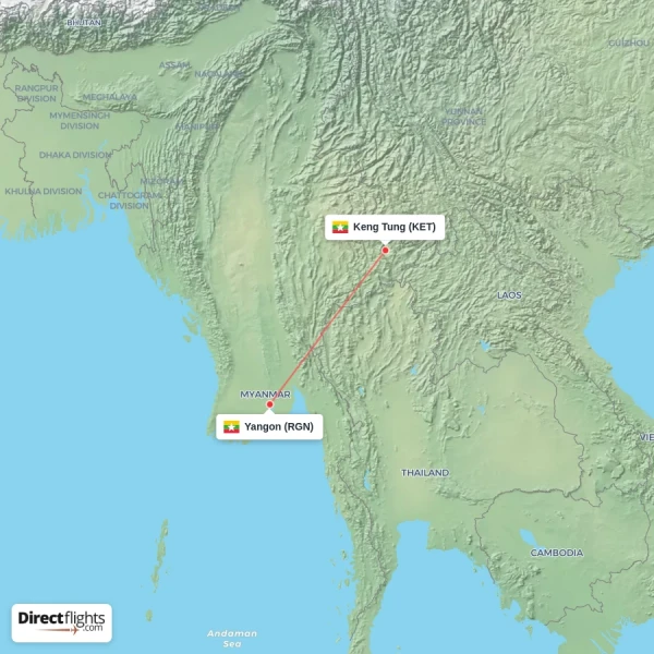 Keng Tung - Yangon direct flight map