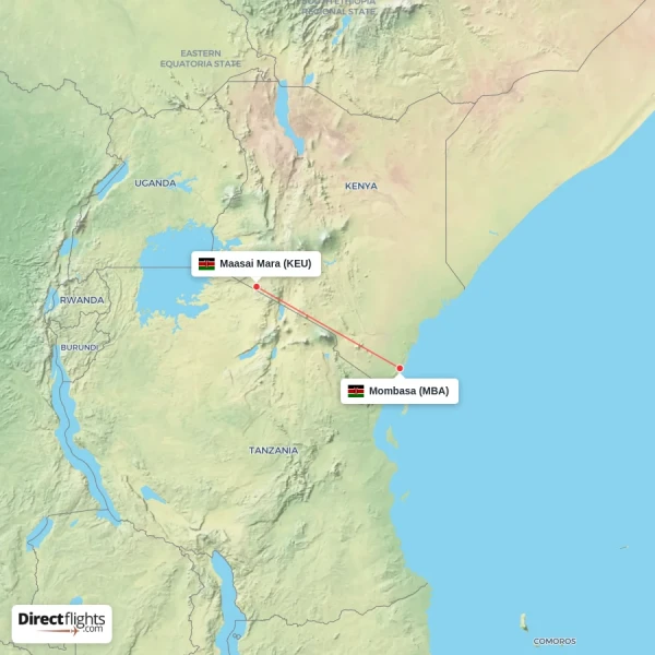 Maasai Mara - Mombasa direct flight map