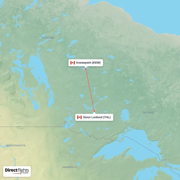 Keewaywin - Sioux Lookout direct flight map