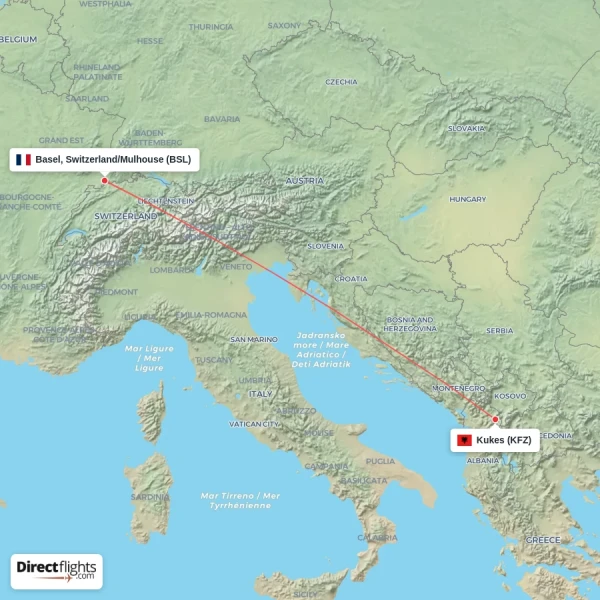 Kukes - Basel, Switzerland/Mulhouse direct flight map