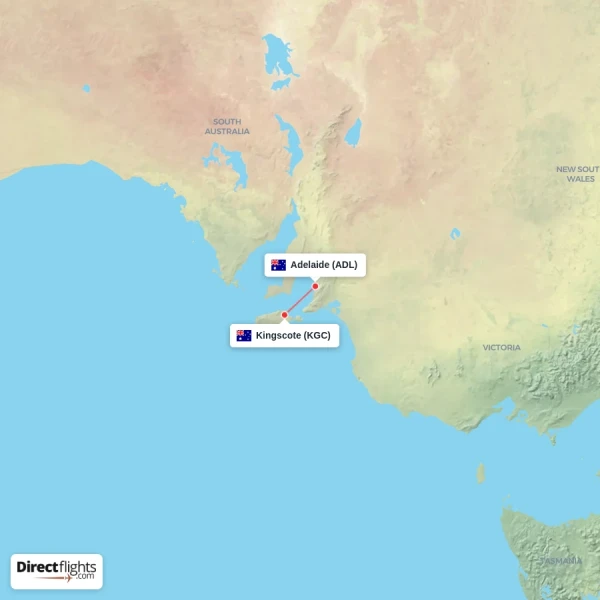 Kingscote - Adelaide direct flight map