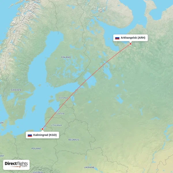 Kaliningrad - Arkhangelsk direct flight map