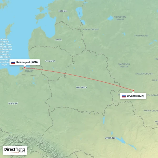Kaliningrad - Bryansk direct flight map