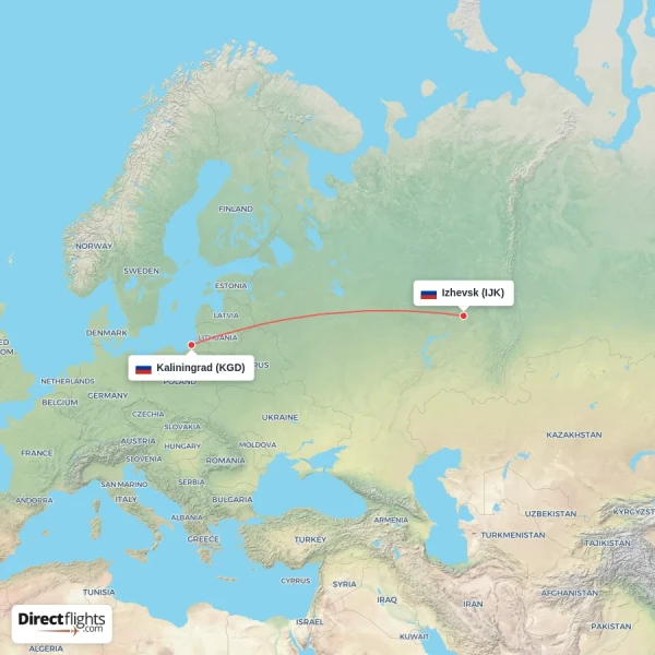 Kaliningrad - Izhevsk direct flight map