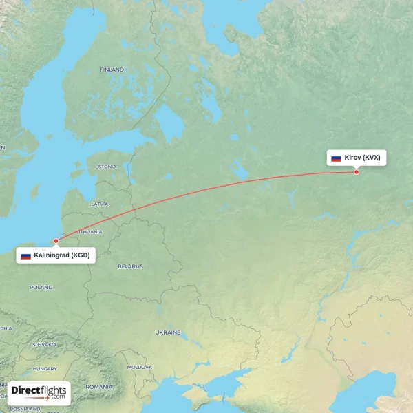 Kaliningrad - Kirov direct flight map
