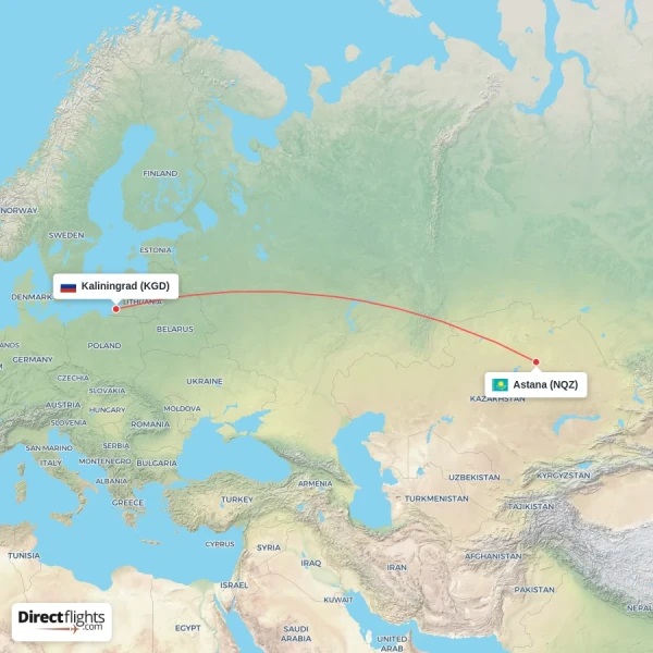 Kaliningrad - Astana direct flight map