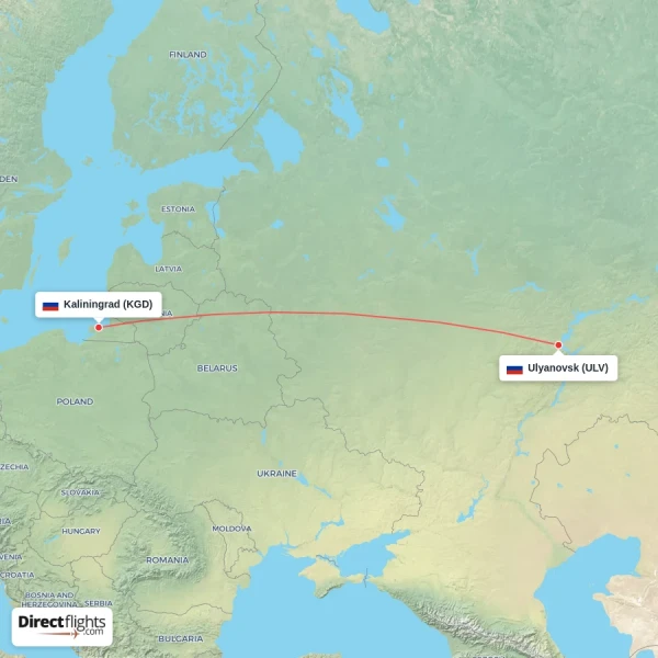 Kaliningrad - Ulyanovsk direct flight map