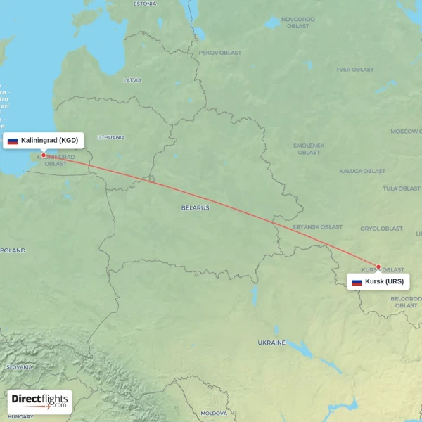 Kaliningrad - Kursk direct flight map