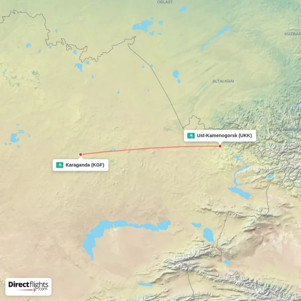 Karaganda - Ust-Kamenogorsk direct flight map