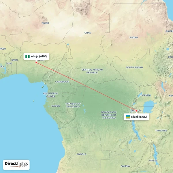 Kigali - Abuja direct flight map