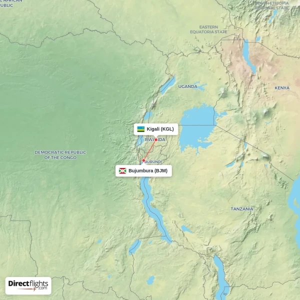 Kigali - Bujumbura direct flight map