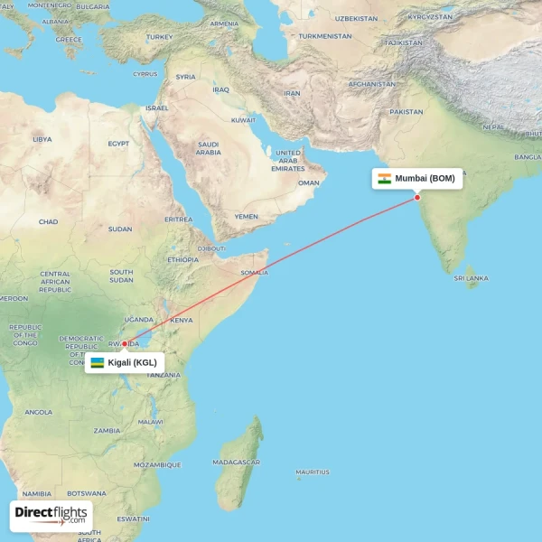 Kigali - Mumbai direct flight map