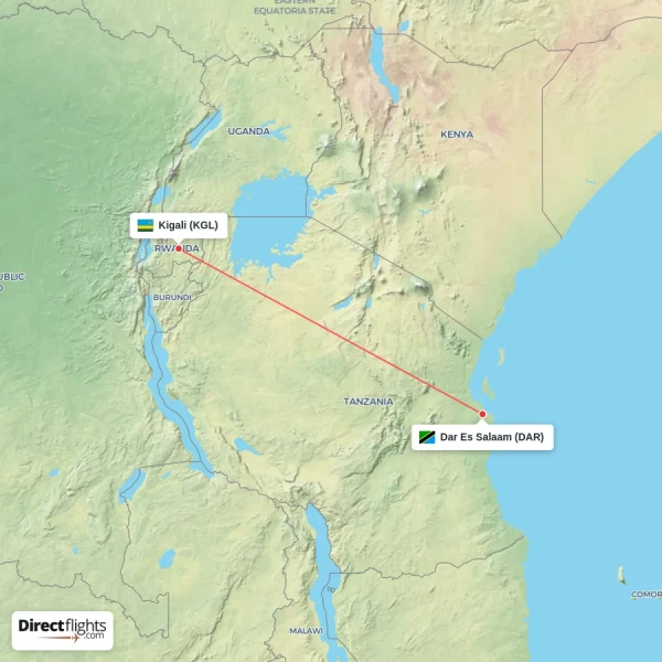 Kigali - Dar Es Salaam direct flight map