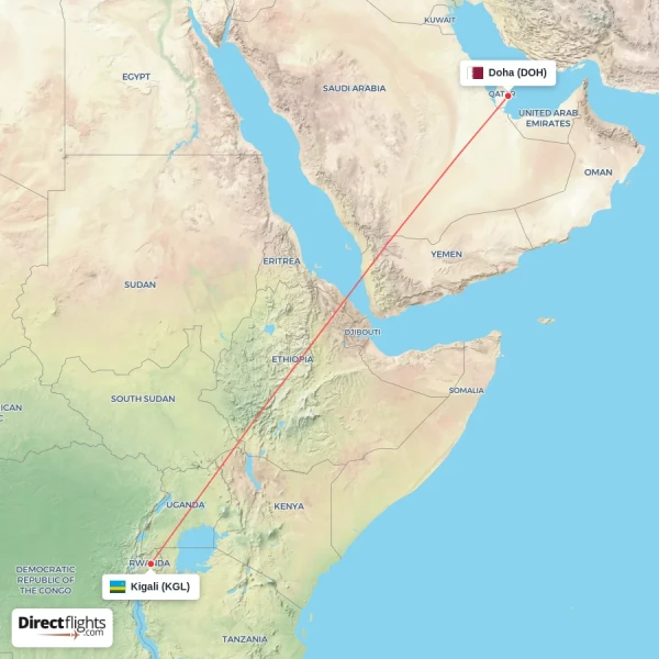Kigali - Doha direct flight map