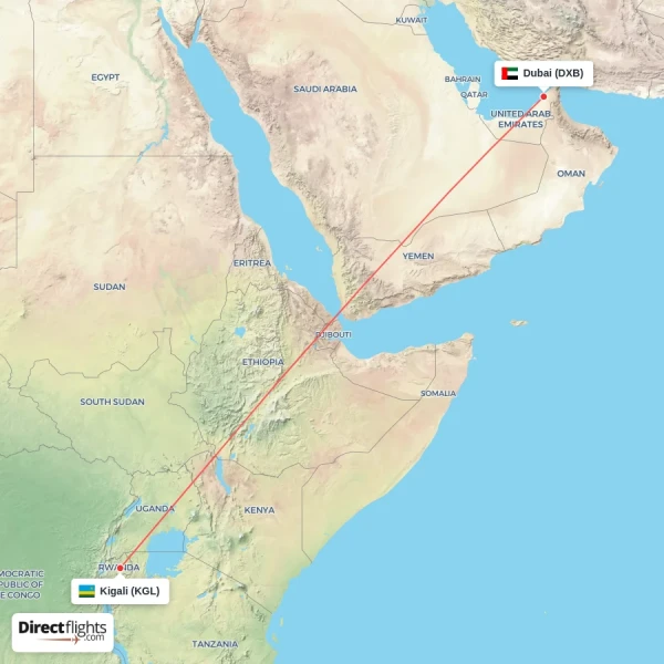 Kigali - Dubai direct flight map