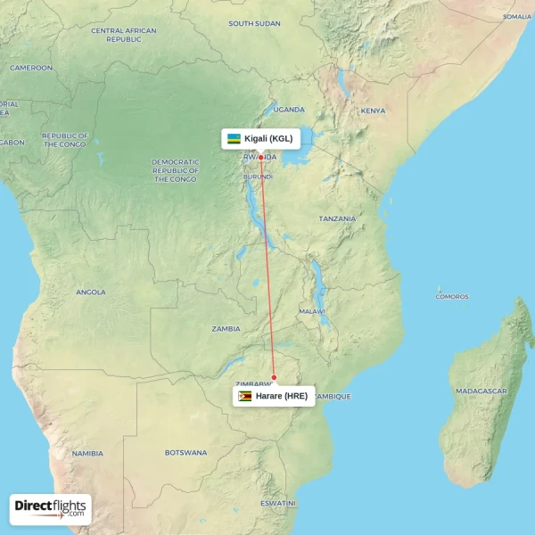 Kigali - Harare direct flight map