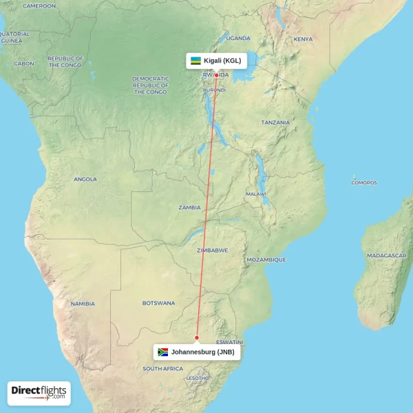 Kigali - Johannesburg direct flight map
