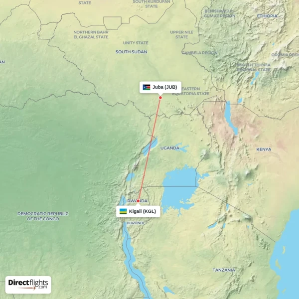 Kigali - Juba direct flight map