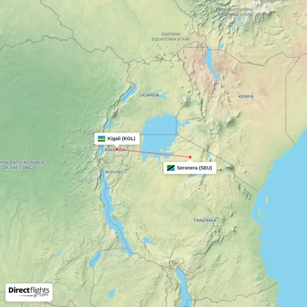 Kigali - Seronera direct flight map