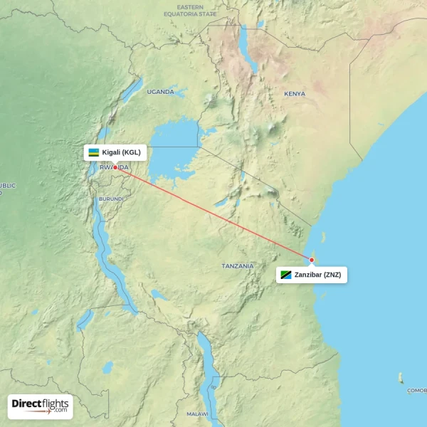 Kigali - Zanzibar direct flight map