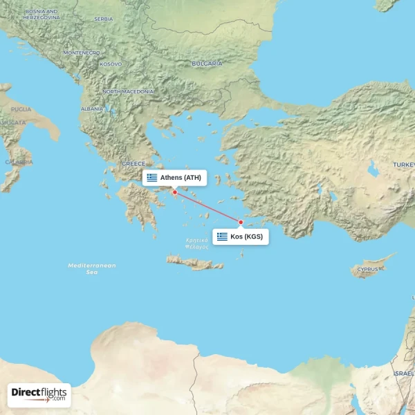 Kos - Athens direct flight map