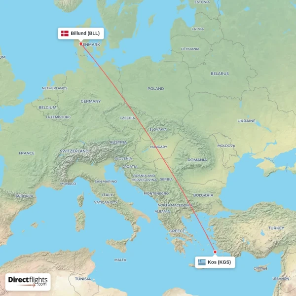 Kos - Billund direct flight map