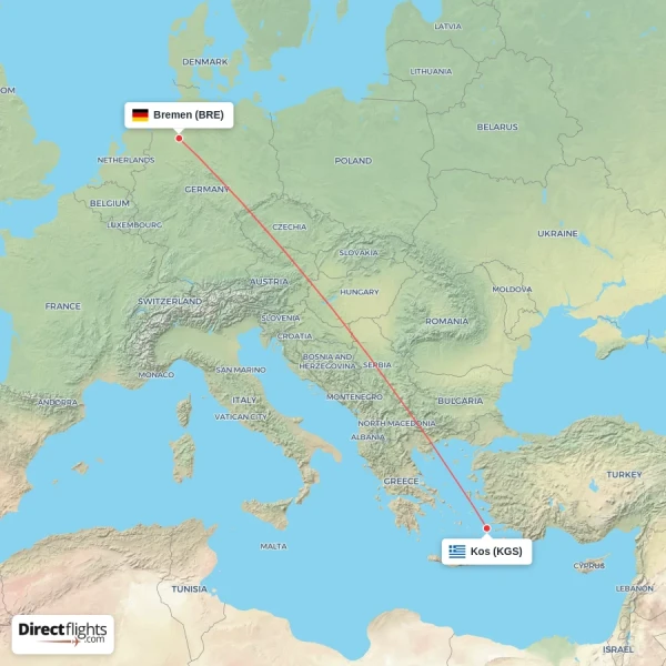 Kos - Bremen direct flight map