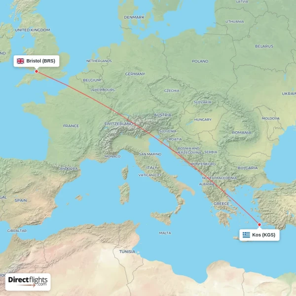 Kos - Bristol direct flight map