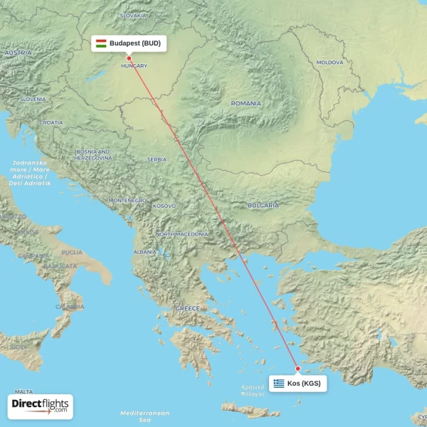 Kos - Budapest direct flight map