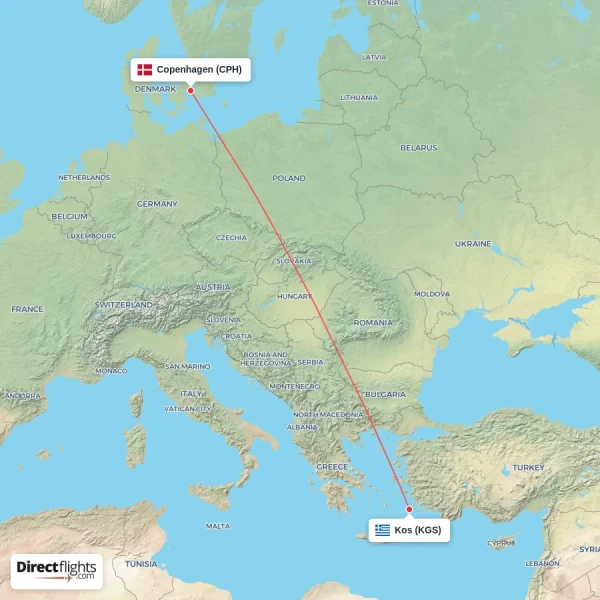 Kos - Copenhagen direct flight map