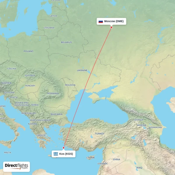 Kos - Moscow direct flight map