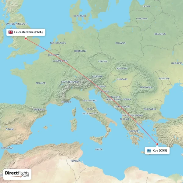 Kos - Leicestershire direct flight map