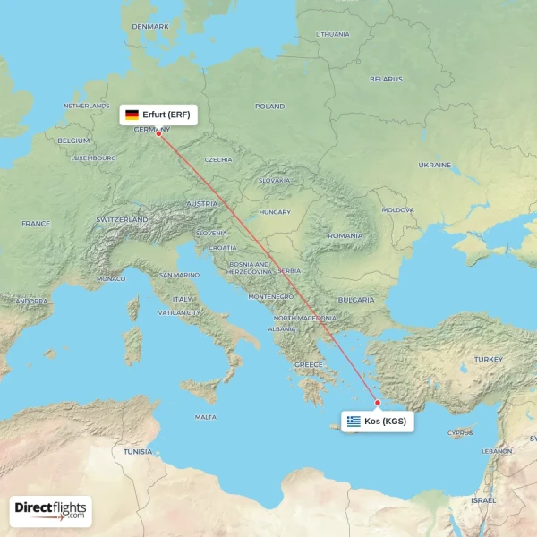 Kos - Erfurt direct flight map