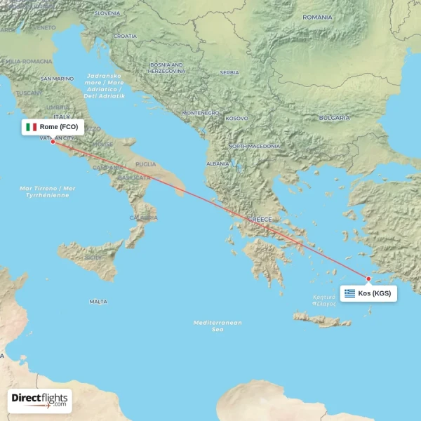 Kos - Rome direct flight map