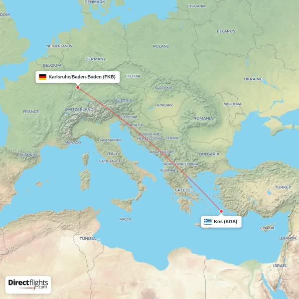 Kos - Karlsruhe/Baden-Baden direct flight map