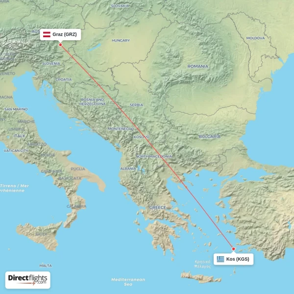 Kos - Graz direct flight map
