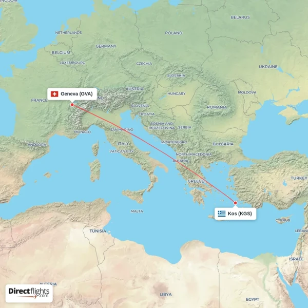 Kos - Geneva direct flight map