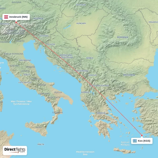 Kos - Innsbruck direct flight map