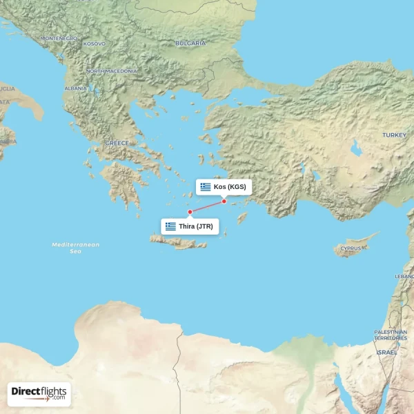 Kos - Thira direct flight map
